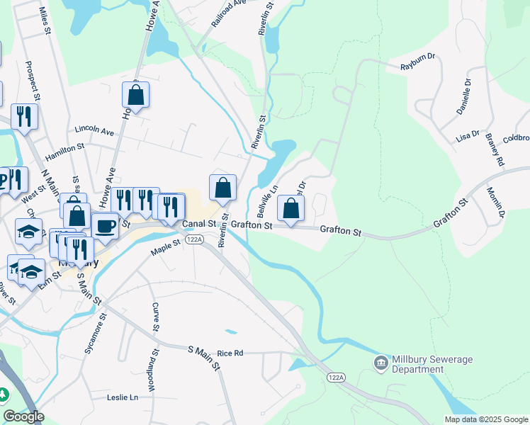 map of restaurants, bars, coffee shops, grocery stores, and more near 6 Bellville Lane in Millbury