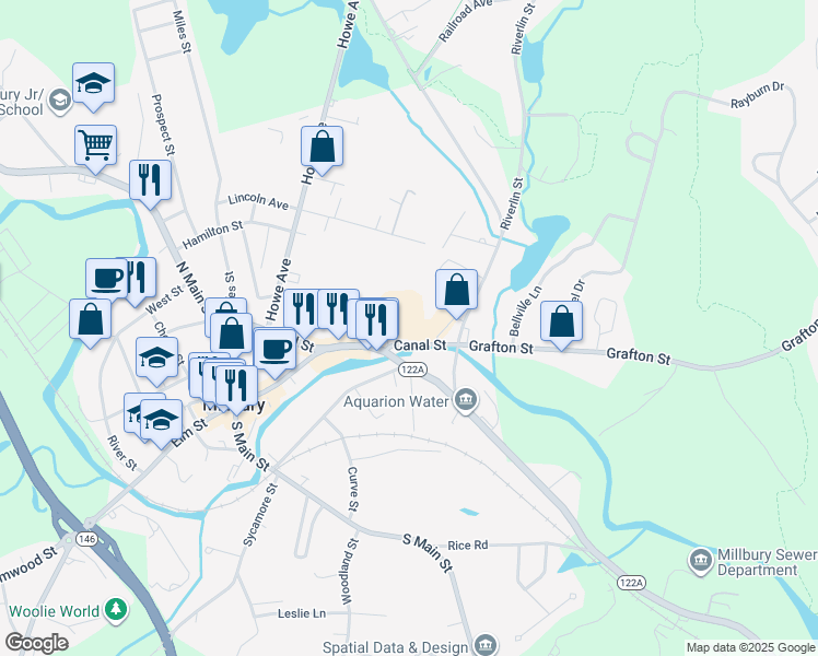 map of restaurants, bars, coffee shops, grocery stores, and more near 65 Canal Street in Millbury