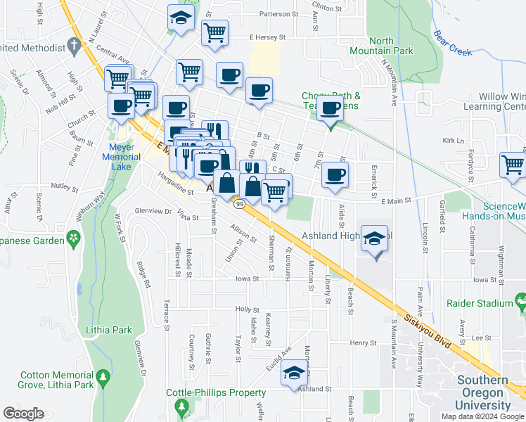 map of restaurants, bars, coffee shops, grocery stores, and more near 555 Siskiyou Boulevard in Ashland