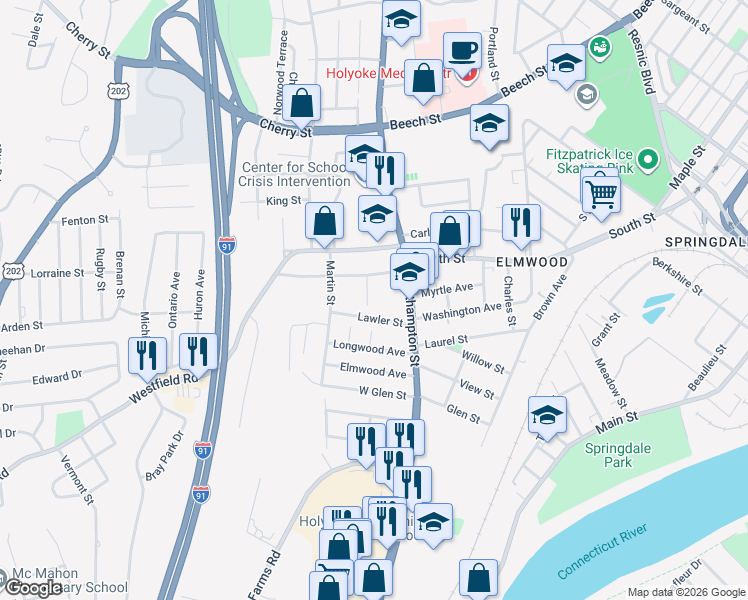 map of restaurants, bars, coffee shops, grocery stores, and more near 16 Dexter Street in Holyoke