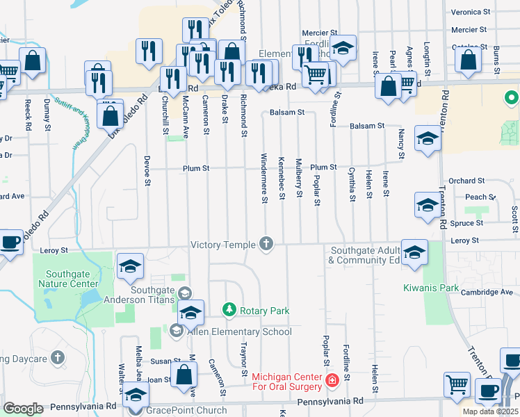 map of restaurants, bars, coffee shops, grocery stores, and more near 15641 Richmond Street in Southgate