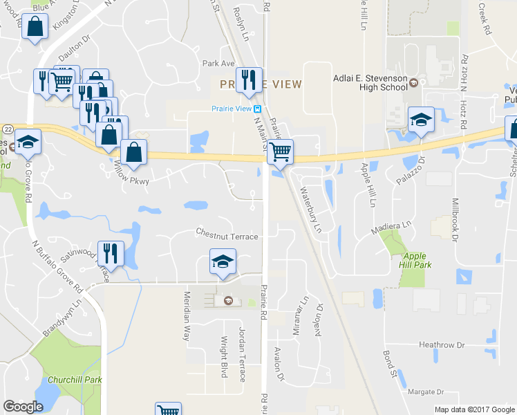 map of restaurants, bars, coffee shops, grocery stores, and more near 7 Willow Parkway in Buffalo Grove