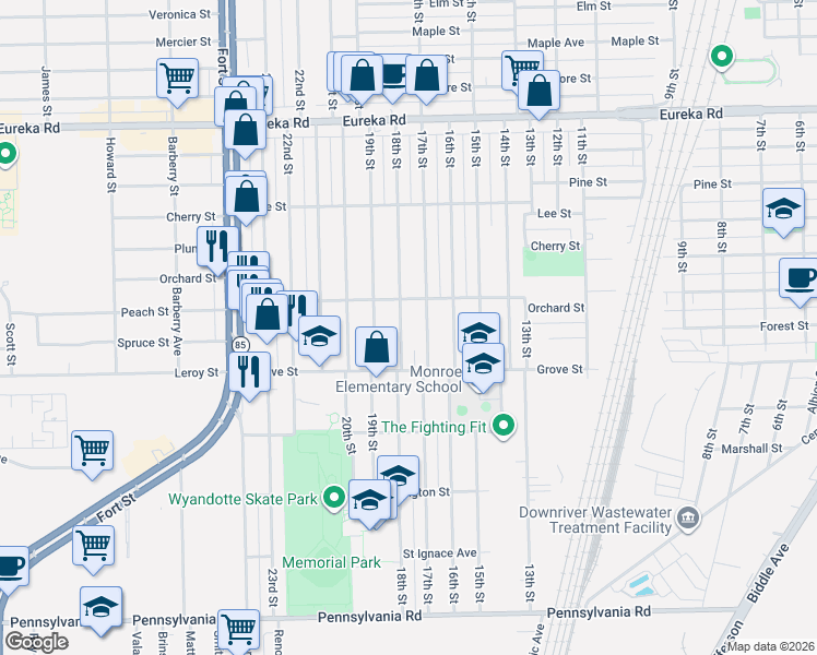 map of restaurants, bars, coffee shops, grocery stores, and more near 3860 18th Street in Wyandotte