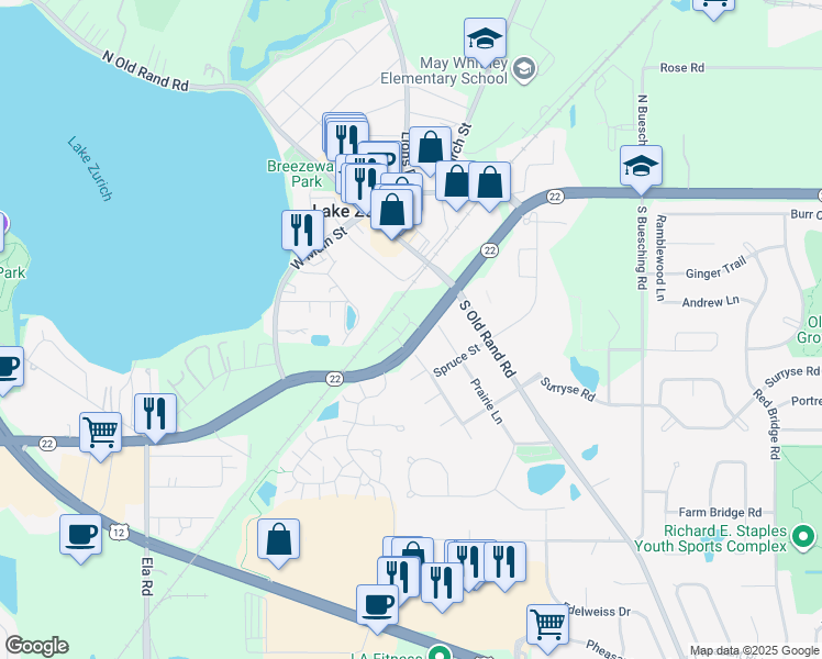 map of restaurants, bars, coffee shops, grocery stores, and more near 181 Canterbury Way in Lake Zurich