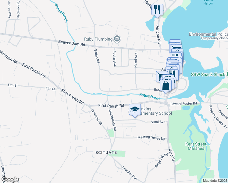 map of restaurants, bars, coffee shops, grocery stores, and more near 88 Brook Street in Scituate