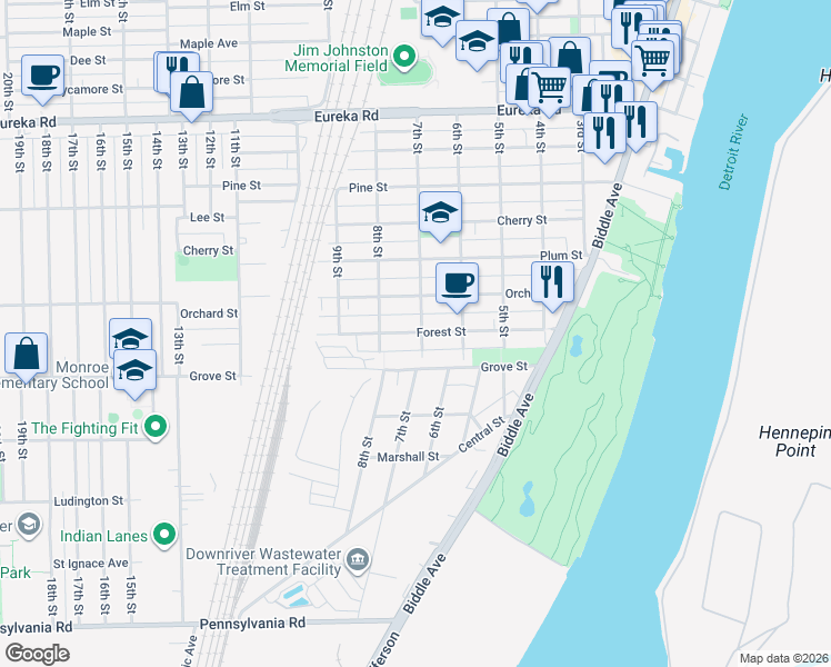 map of restaurants, bars, coffee shops, grocery stores, and more near 735 Forest Street in Wyandotte