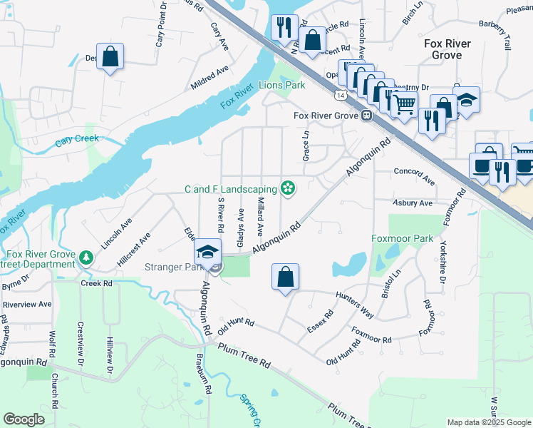 map of restaurants, bars, coffee shops, grocery stores, and more near 213 Millard Avenue in Fox River Grove