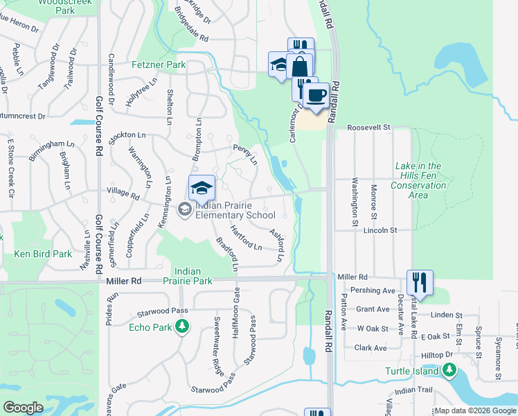 map of restaurants, bars, coffee shops, grocery stores, and more near 1730 Becker Court in Crystal Lake