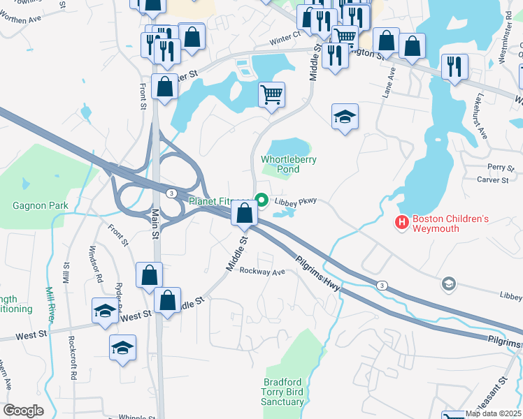 map of restaurants, bars, coffee shops, grocery stores, and more near 944 Middle Street in Weymouth