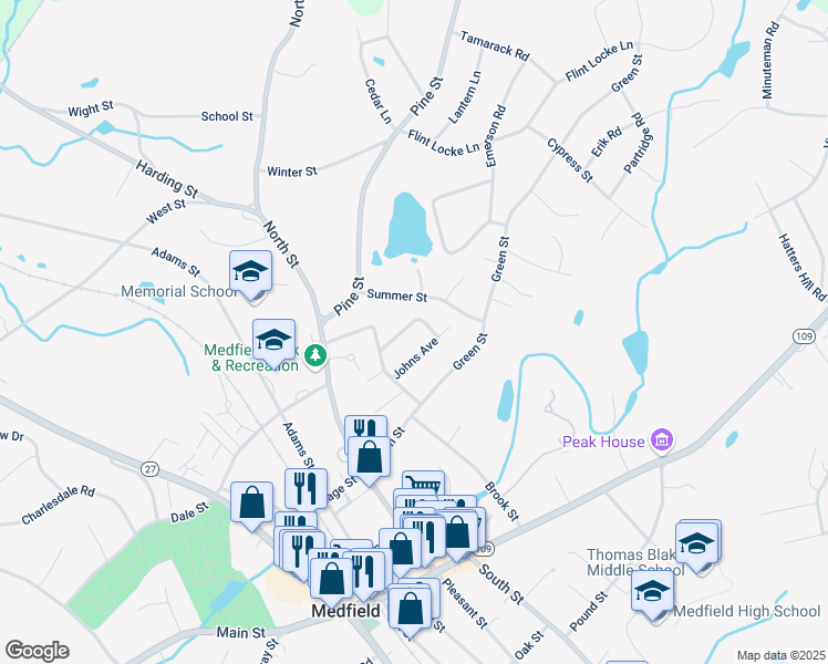 map of restaurants, bars, coffee shops, grocery stores, and more near 6 Remsen Avenue in Medfield