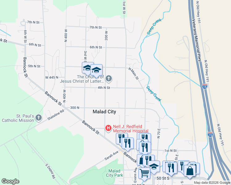 map of restaurants, bars, coffee shops, grocery stores, and more near 131 4th North Street in Malad City
