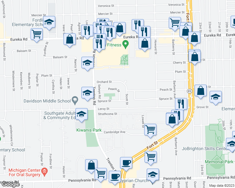 map of restaurants, bars, coffee shops, grocery stores, and more near 13619 Peach Street in Southgate