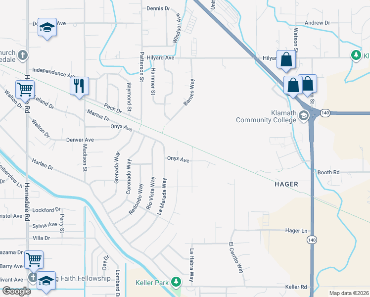 map of restaurants, bars, coffee shops, grocery stores, and more near 3611 La Jolla Court in Klamath Falls