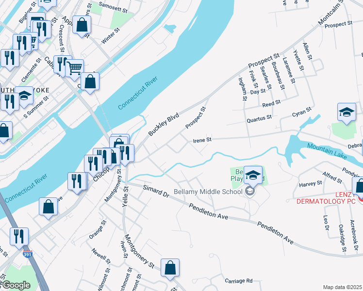 map of restaurants, bars, coffee shops, grocery stores, and more near 18 Emery Street in Chicopee