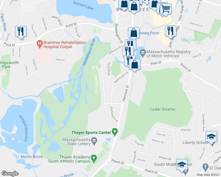 map of restaurants, bars, coffee shops, grocery stores, and more near 1291 Washington Street in Braintree