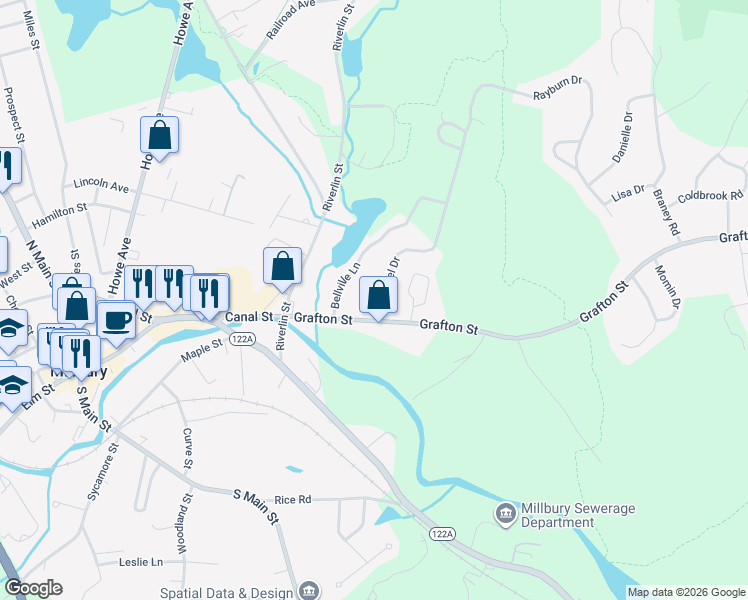 map of restaurants, bars, coffee shops, grocery stores, and more near 7 Carousel Drive in Millbury