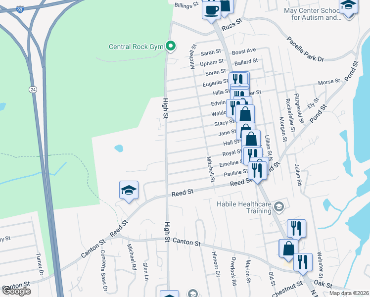 map of restaurants, bars, coffee shops, grocery stores, and more near 55 Hall Street in Randolph