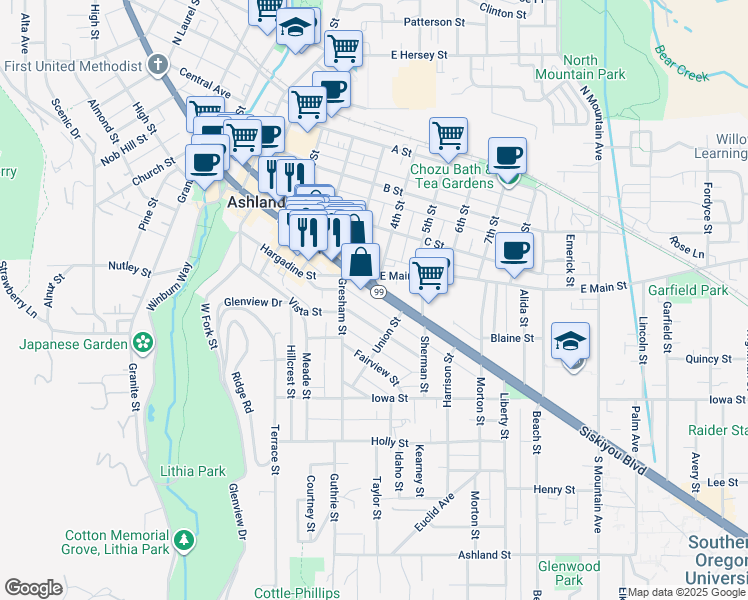 map of restaurants, bars, coffee shops, grocery stores, and more near 470 Siskiyou Blvd in Ashland