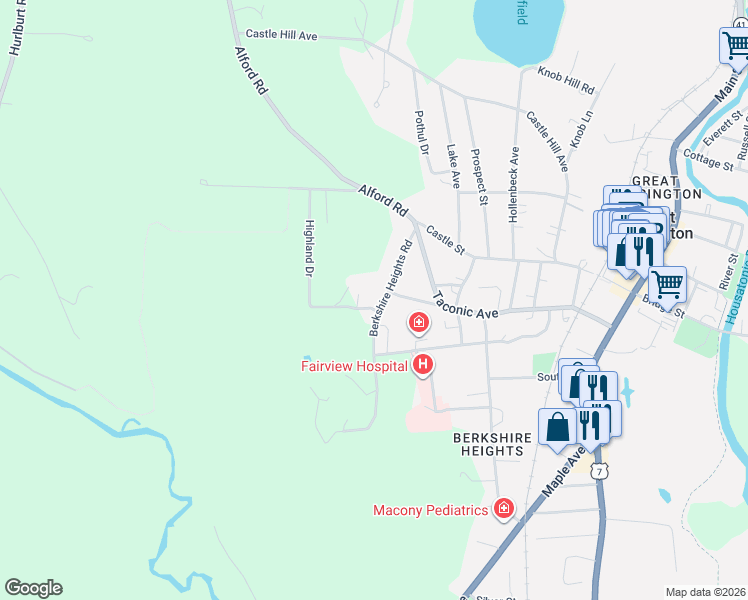 map of restaurants, bars, coffee shops, grocery stores, and more near 14 Berkshire Heights Road in Great Barrington