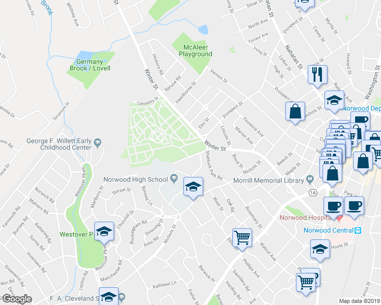 map of restaurants, bars, coffee shops, grocery stores, and more near 33 Bellevue Avenue in Norwood
