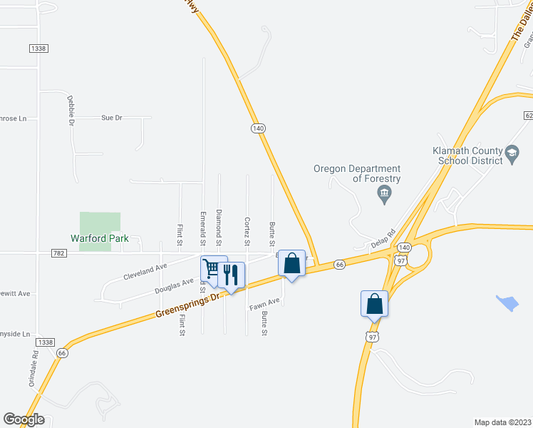 map of restaurants, bars, coffee shops, grocery stores, and more near 3120 Butte Street in Klamath Falls