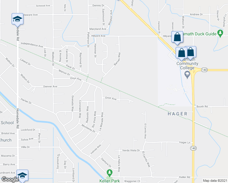 map of restaurants, bars, coffee shops, grocery stores, and more near 3618 La Habra Way in Klamath Falls