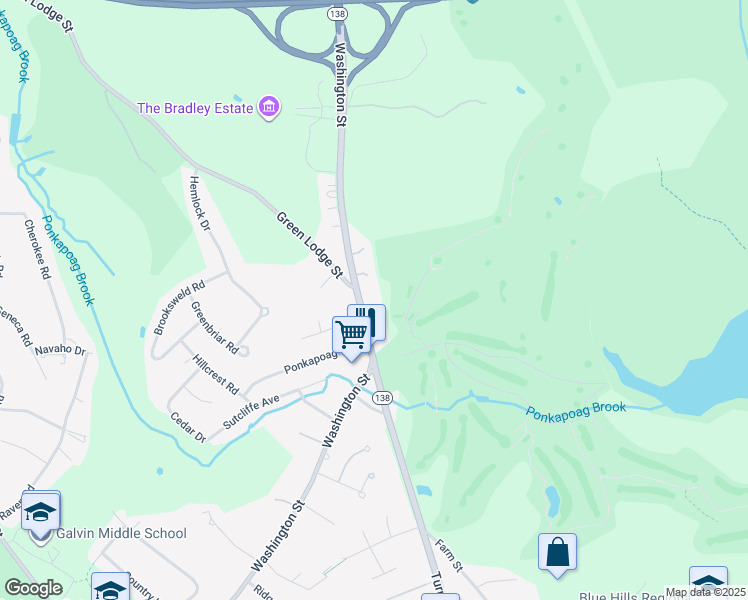 map of restaurants, bars, coffee shops, grocery stores, and more near 2239 Washington Street in Canton