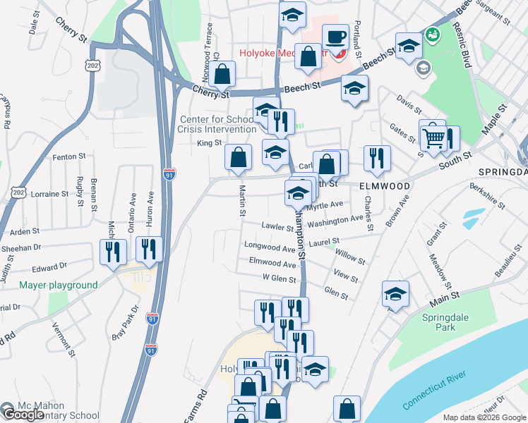 map of restaurants, bars, coffee shops, grocery stores, and more near 16 Dexter Street in Holyoke
