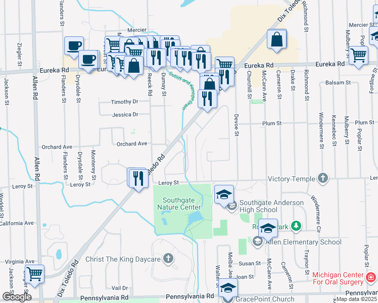 map of restaurants, bars, coffee shops, grocery stores, and more near 15615 Garrison Lane in Southgate