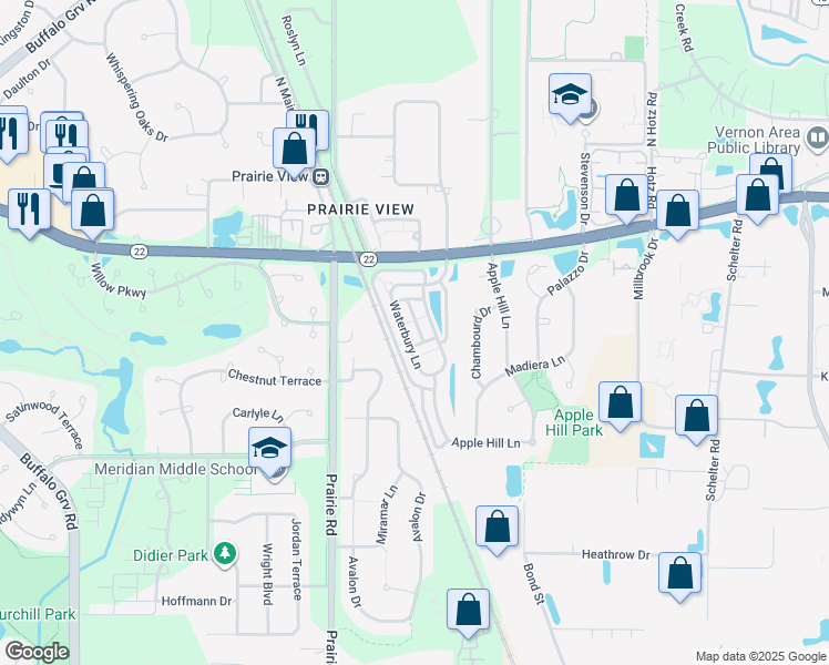 map of restaurants, bars, coffee shops, grocery stores, and more near 2492 Waterbury Lane in Buffalo Grove