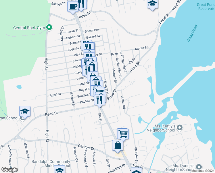 map of restaurants, bars, coffee shops, grocery stores, and more near 17 Lillian Street North in Randolph