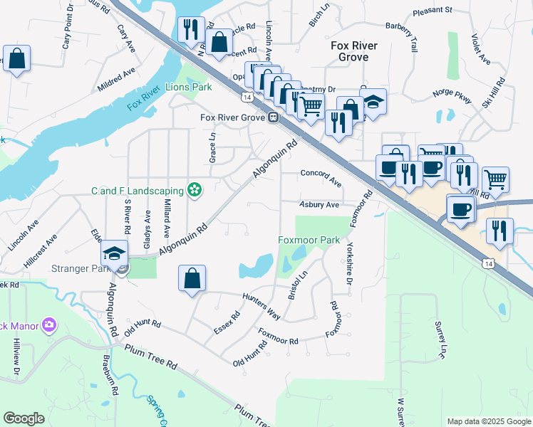 map of restaurants, bars, coffee shops, grocery stores, and more near 506 Asbury Court in Fox River Grove