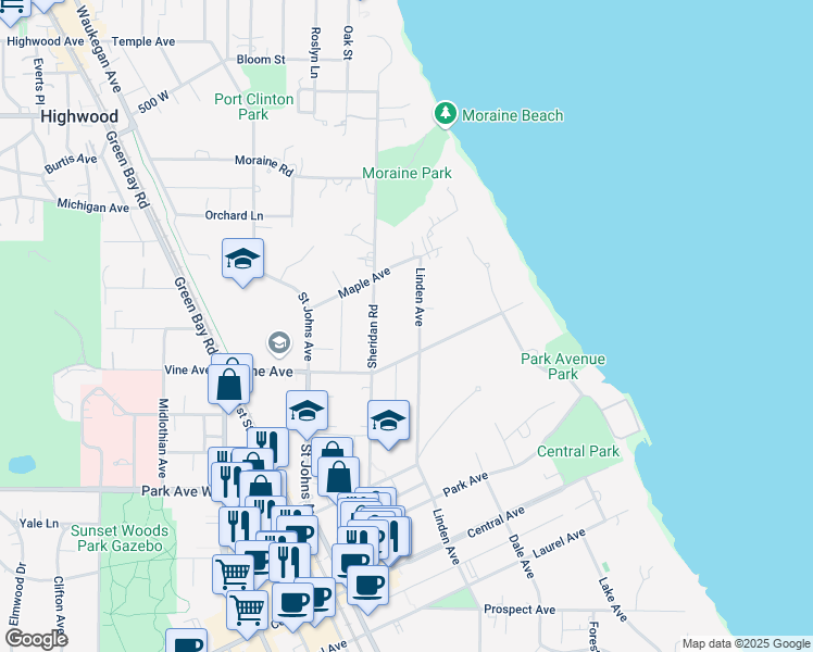 map of restaurants, bars, coffee shops, grocery stores, and more near 2256 Linden Avenue in Highland Park