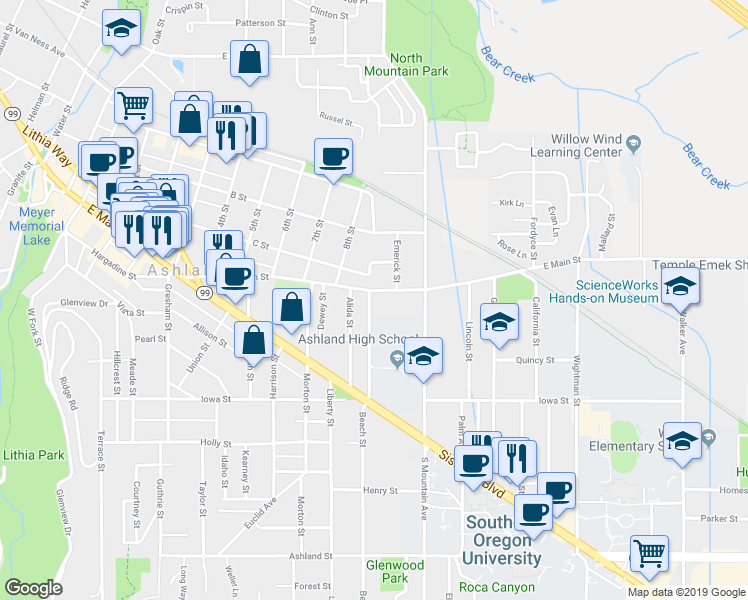 map of restaurants, bars, coffee shops, grocery stores, and more near 48 Morse Avenue in Ashland