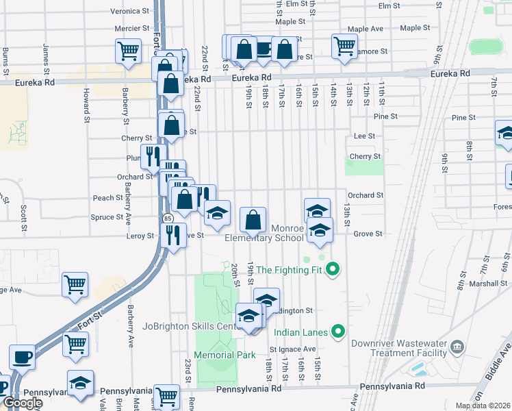 map of restaurants, bars, coffee shops, grocery stores, and more near 3848 19th Street in Wyandotte