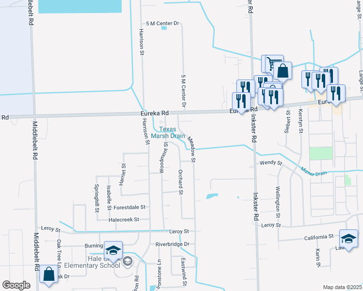 map of restaurants, bars, coffee shops, grocery stores, and more near 15387 Orchard Street in Romulus
