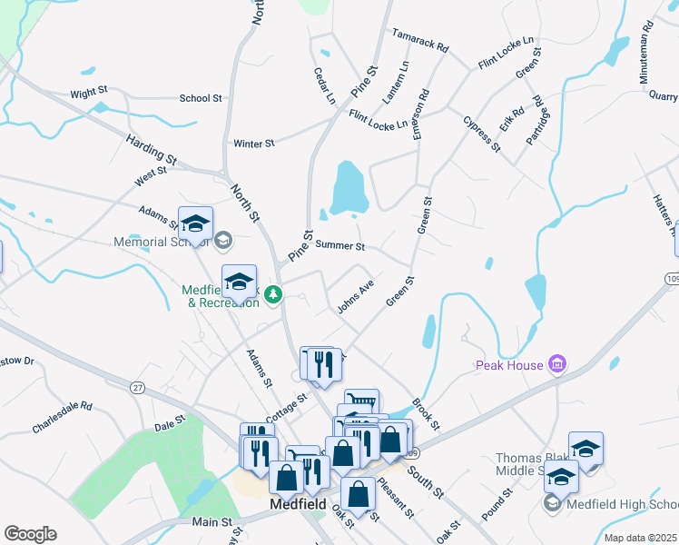 map of restaurants, bars, coffee shops, grocery stores, and more near 6 Remsen Avenue in Medfield