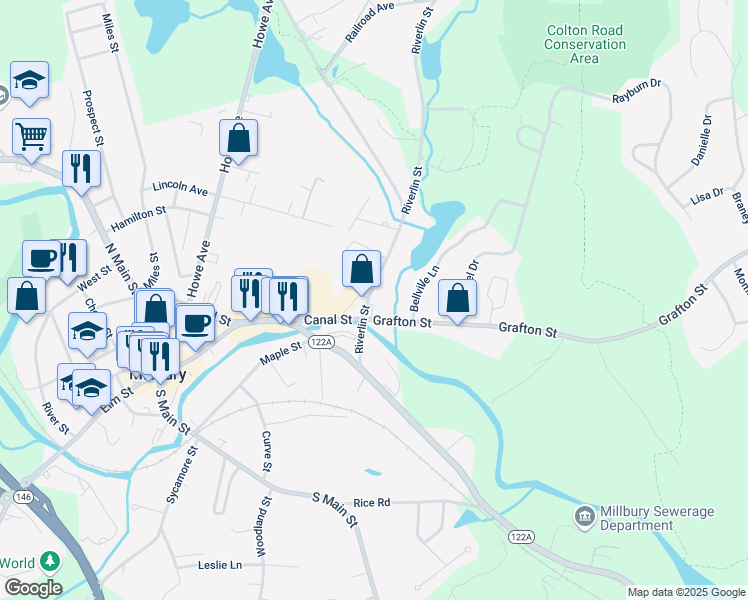 map of restaurants, bars, coffee shops, grocery stores, and more near 20 Riverlin Street in Millbury