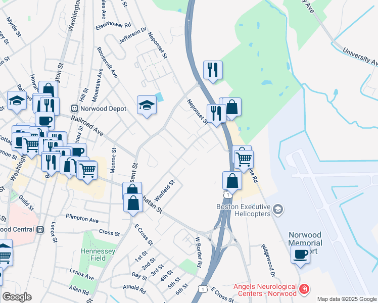 map of restaurants, bars, coffee shops, grocery stores, and more near 219 Rock Street in Norwood