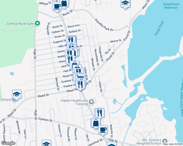 map of restaurants, bars, coffee shops, grocery stores, and more near 17 Lillian Street North in Randolph