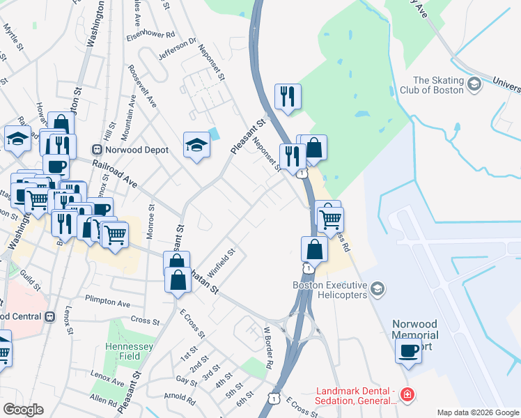 map of restaurants, bars, coffee shops, grocery stores, and more near 213 Rock Street in Norwood