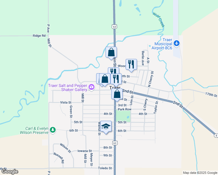 map of restaurants, bars, coffee shops, grocery stores, and more near 534 2nd Street in Traer