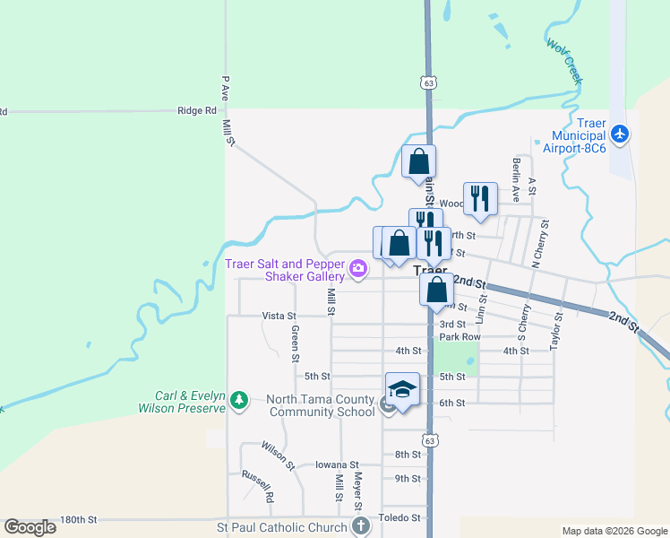 map of restaurants, bars, coffee shops, grocery stores, and more near 400 2nd Street in Traer