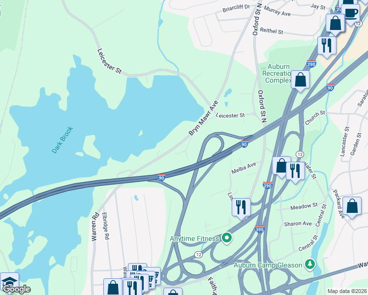 map of restaurants, bars, coffee shops, grocery stores, and more near 30 Merriam Street in Auburn