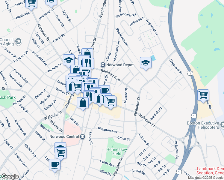 map of restaurants, bars, coffee shops, grocery stores, and more near 31 Clark Street in Norwood