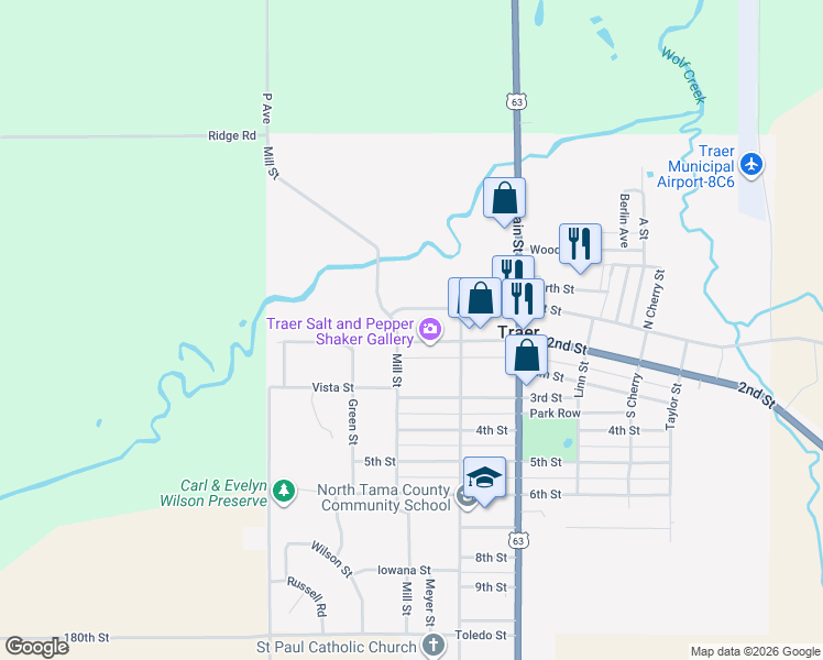 map of restaurants, bars, coffee shops, grocery stores, and more near 400-498 2nd St in Traer
