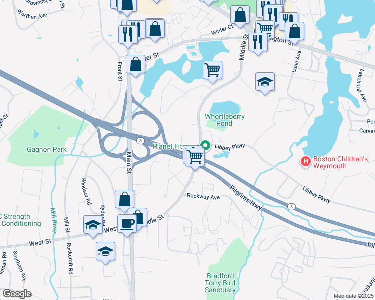 map of restaurants, bars, coffee shops, grocery stores, and more near 7 Tara Drive in Weymouth