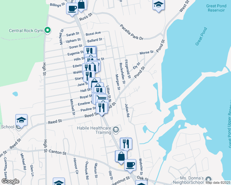 map of restaurants, bars, coffee shops, grocery stores, and more near 17 Lillian Street North in Randolph
