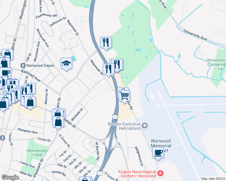 map of restaurants, bars, coffee shops, grocery stores, and more near 525 Boston-Providence Turnpike in Norwood