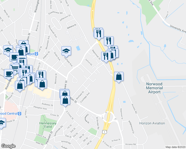 map of restaurants, bars, coffee shops, grocery stores, and more near 219 Rock Street in Norwood